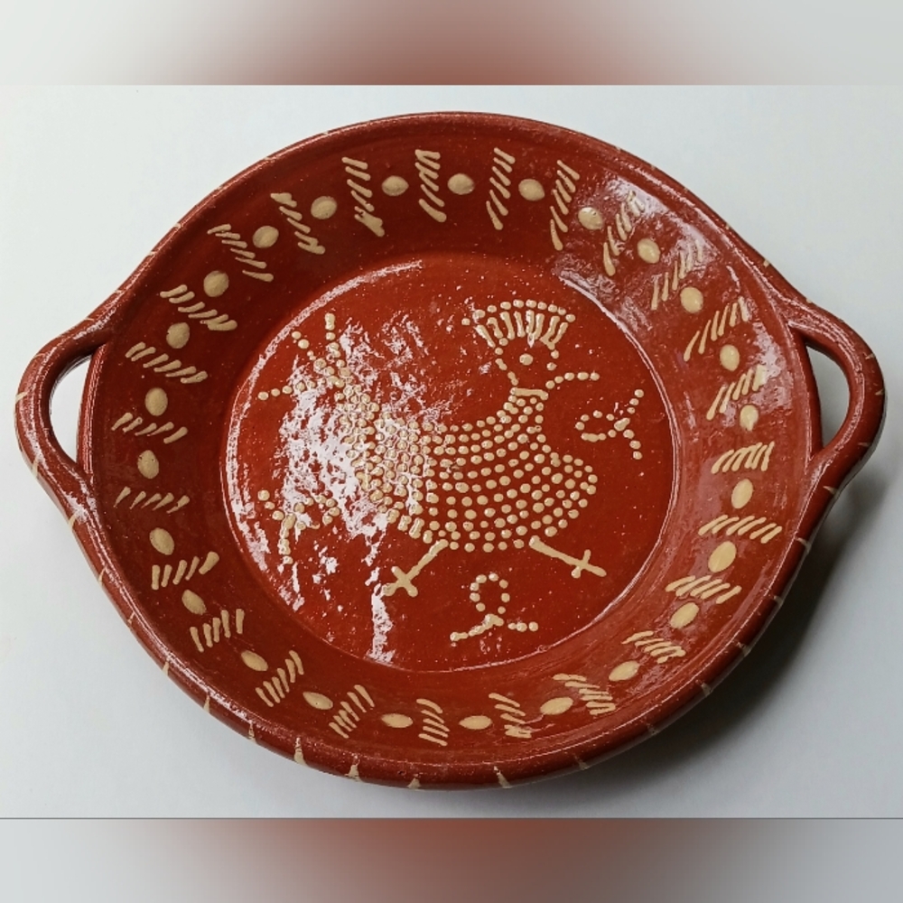 Portuguese Pottery Plate Terracotta Red Clay Hand Painted Folk Art Rooster Bird